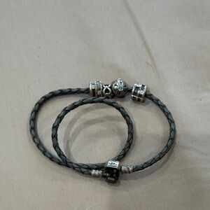 Pandora Braided Leather Bracelet with Silver Charms